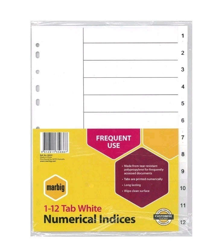 Marbig A4 1-12 Tab Dividers Polypropylene - White Tabs product photo (Image 1) — Second-Hand