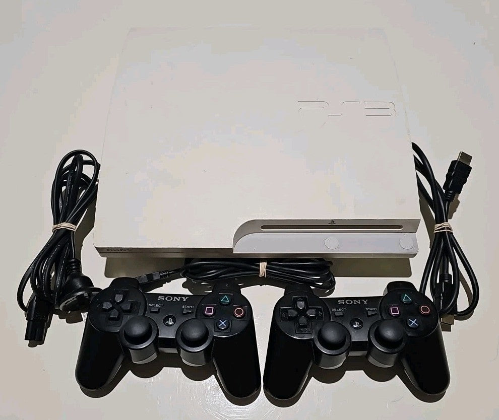 Sony White PlayStation 3 Slim 160GB Console Bundle PS3 Cords 2 Controllers PS3 cover photo (Image 1) — Second-Hand