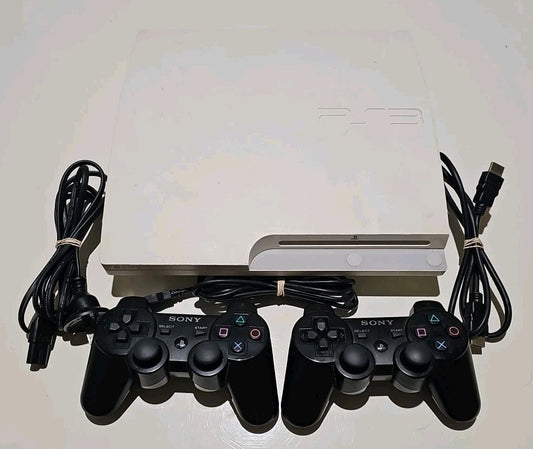Sony White PlayStation 3 Slim 160GB Console Bundle PS3 Cords 2 Controllers PS3 cover photo (Image 1) — Second-Hand