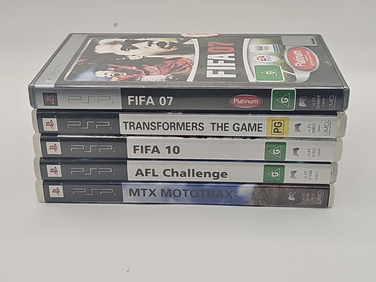 Sony PSP 5 Game Mixed Bundle PlayStation Portable Fifa,Transformers,AFL,MTX PSP cover photo (Image 1) — Second-Hand