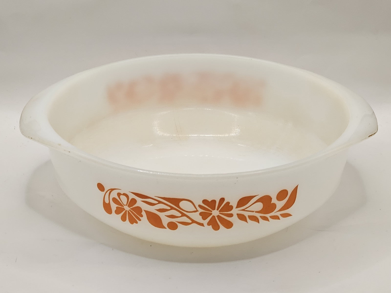 Pyrex Dish White With Orange Flower Banner Large No Lid - Free Express Ship Au cap/hat front (Image 1) — Second-Hand