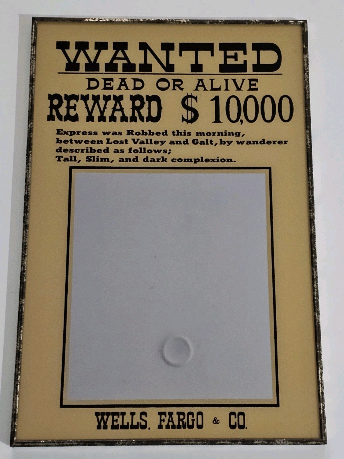 Vintage Wells Fargo Wanted Dead Or Alive Mirror Japan Glass 450x300mm Wall Hang cap/hat front (Image 1) — Second-Hand