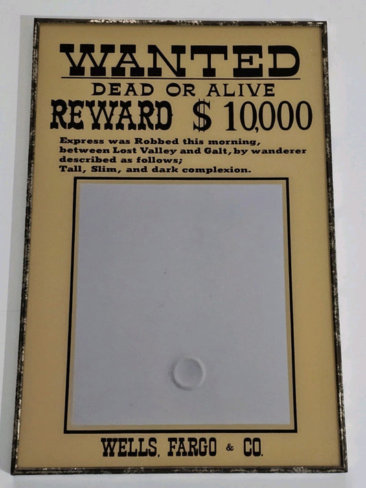 Vintage Wells Fargo Wanted Dead Or Alive Mirror Japan Glass 450x300mm Wall Hang cap/hat front (Image 1) — Second-Hand