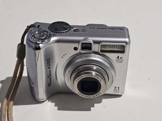 Canon PowerShot A550 7.1MP Digital Camera – FOR PARTS device front (Image 1) — Broken (For Parts or Repair)
