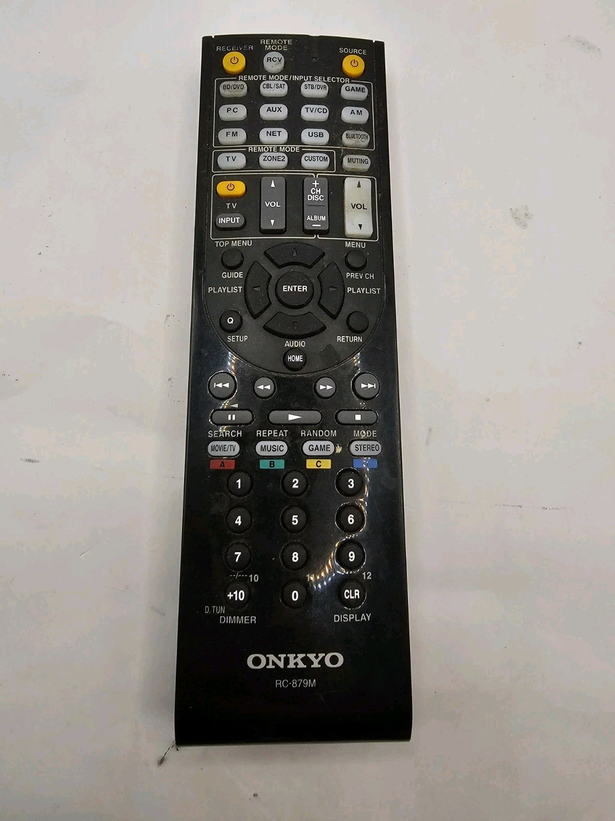 RC-879M Remote Control for Onkyo AV Receiver TX-NR535 TX-SR333 HT-R393 HT-S3700 controller front (Image 1) — Second-Hand