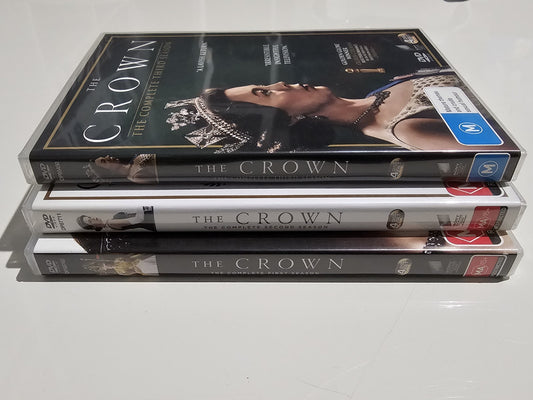 The Crown – Complete Seasons 1, 2 & 3 DVD Box Sets (Region 4) – MA15+ / M Dvd case (Image 1) — Tested