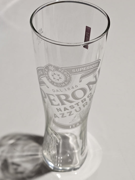 Peroni Nastro Azzurro Red Label Beer Glass 400mL Clear White Print Italian cap/hat front (Image 1) — Second-Hand