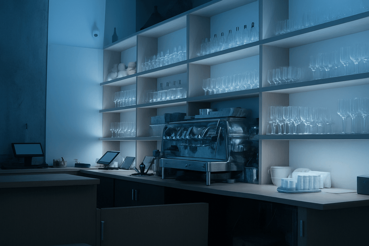 Modern café counter with glassware – second-hand homewares and lifestyle items Perth Pickers.