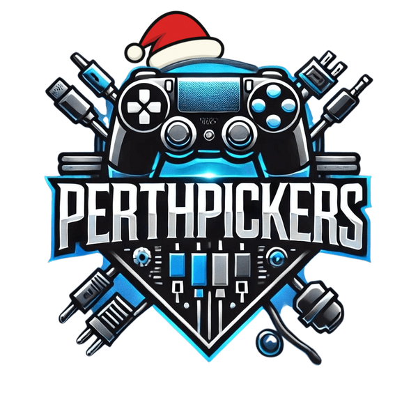 Logo of Perthpickers with a gaming controller and Santa hat on a white background