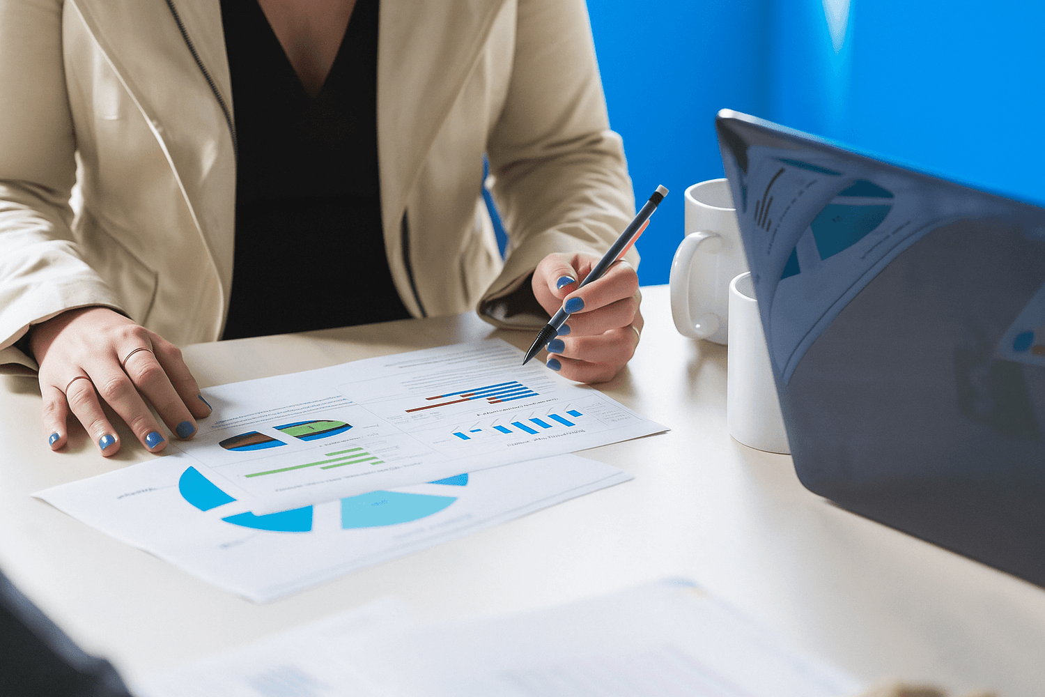 Business meeting with charts and laptop – Perth Pickers policy and disclaimers.