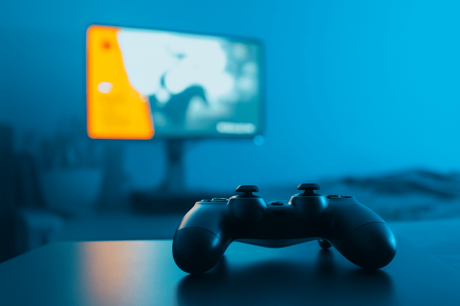 Close-up of PlayStation controller on table with TV in background – used gaming accessories Perth.