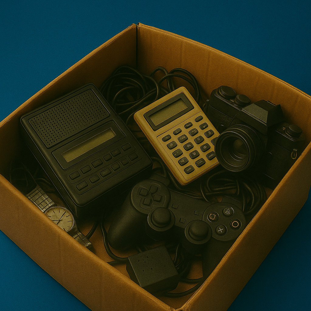 Box of assorted second-hand electronics including calculator, camera, and gaming controller – Perth Pickers.
