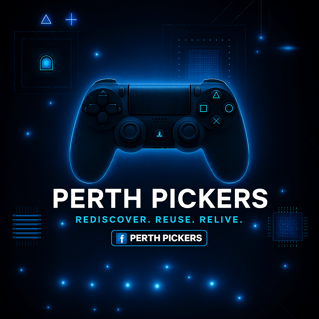 PlayStation controller graphic with Perth Pickers branding – buy used gaming consoles online Perth.