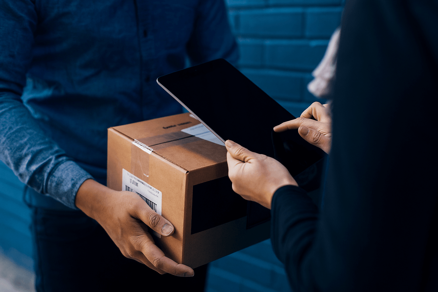 Person signing for a package using a tablet – returns and refunds process Perth Pickers
