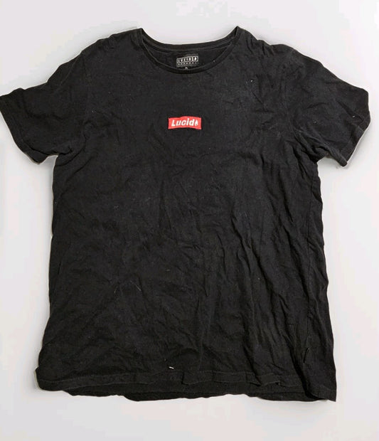 Lucid Black T-Shirt Size XL Short Sleeve Logo Casual Tee Shoulder Detail garment front (Image 1) — Second-Hand