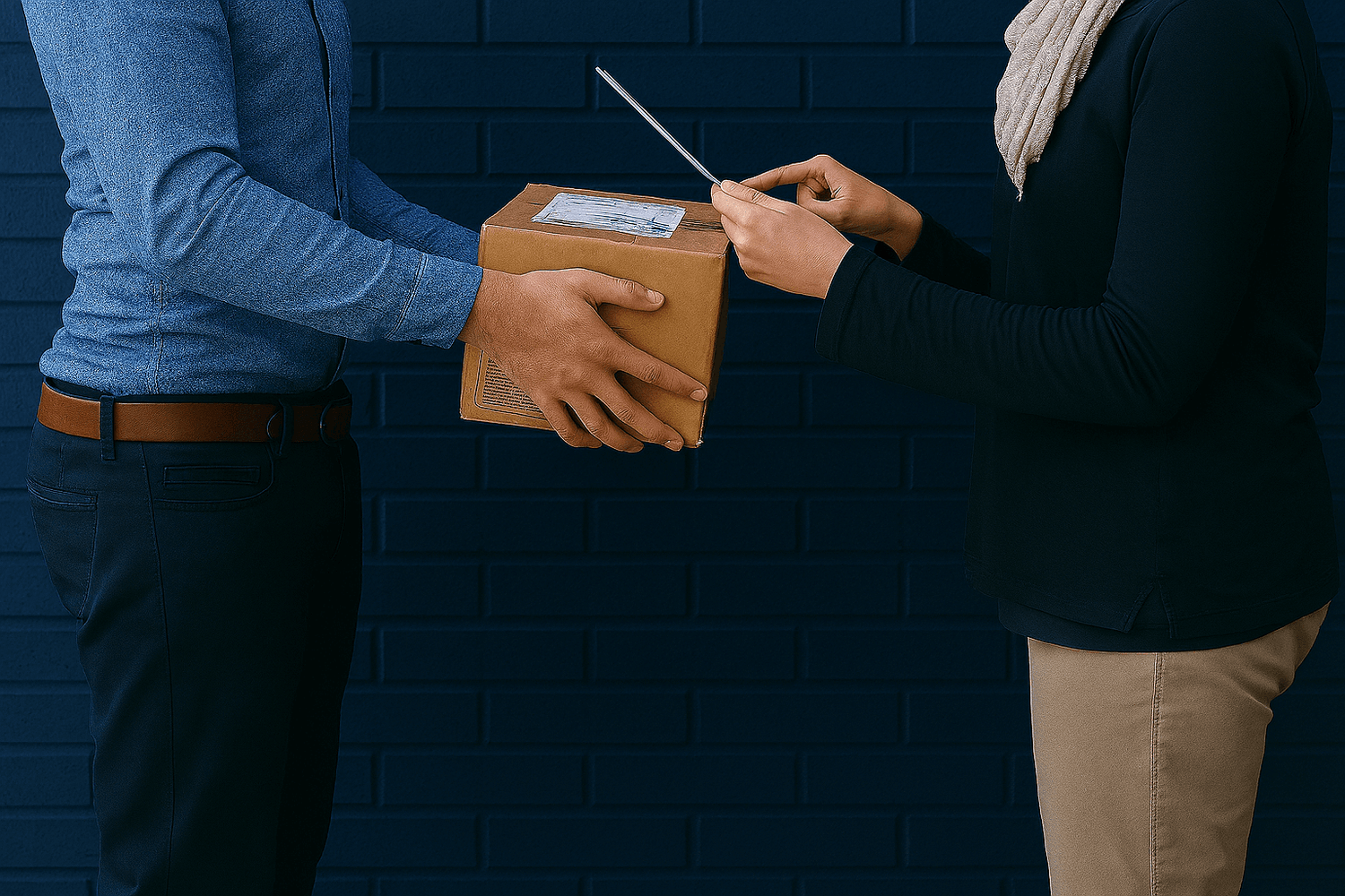 Two people exchanging a cardboard box – shipping and delivery policy Perth Pickers
