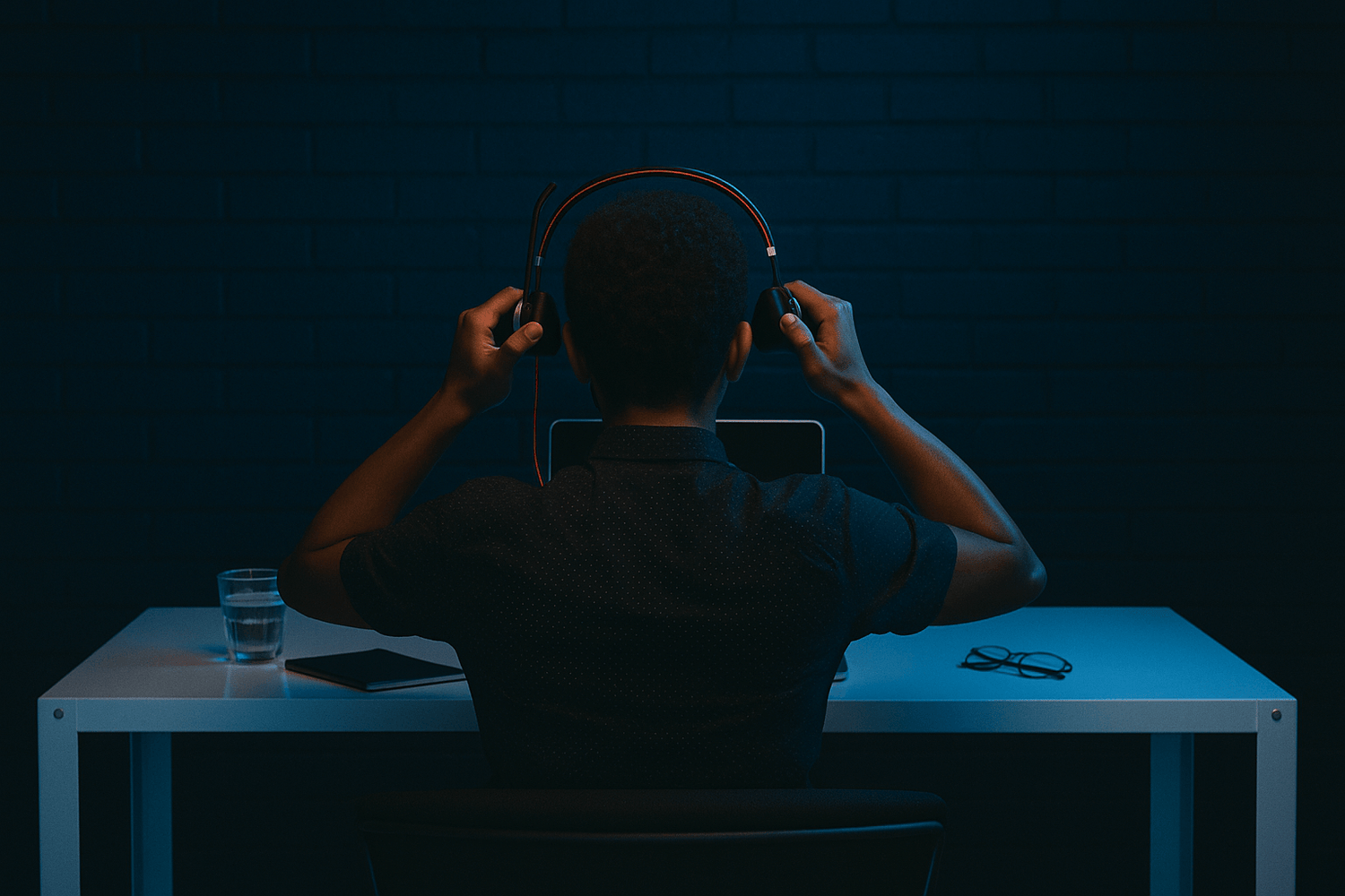 Person adjusting headphones at desk with laptop – second-hand audio devices and gaming accessories Perth Pickers
