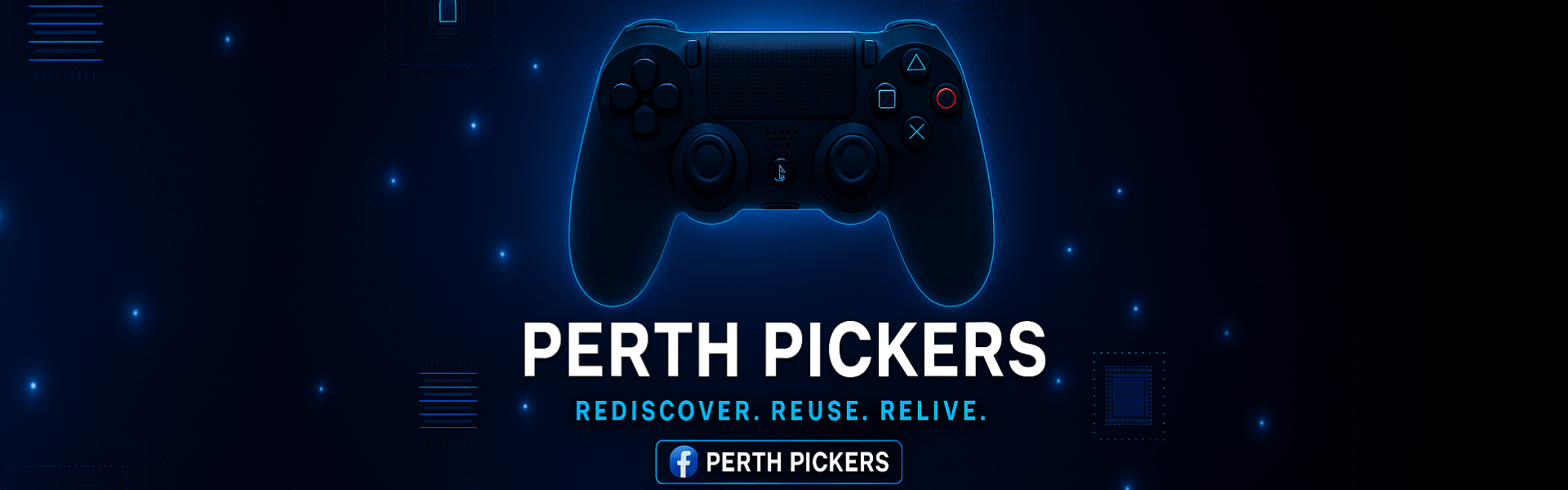 PlayStation controller graphic with glowing blue accents and Perth Pickers branding – gaming banner for second-hand consoles Perth
